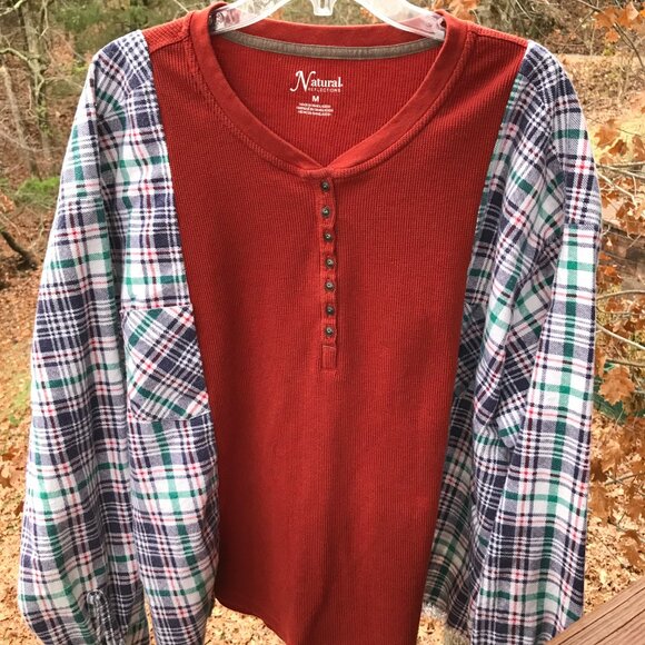 Reworked Flannel Tee, Size L-2XL: Upcycled Oversized Rust Waffle Knit Shirt - Picture 9 of 10